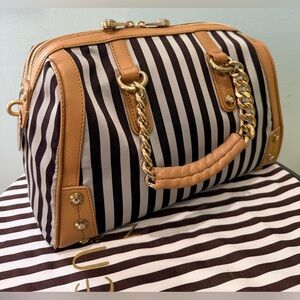 henri bendel signature brown and white striped barrel bag NWT